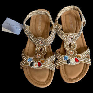 Ashley Blue Gold Beaded Jeweled Sandals | 8 | Boho Resort Dressy Gemstone Flats
